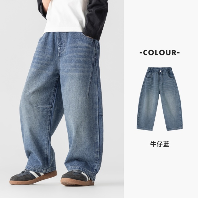 13756310.男童百搭弯刀牛仔裤春秋款阔版水洗宽松裤子儿童慵懒美式校园长裤