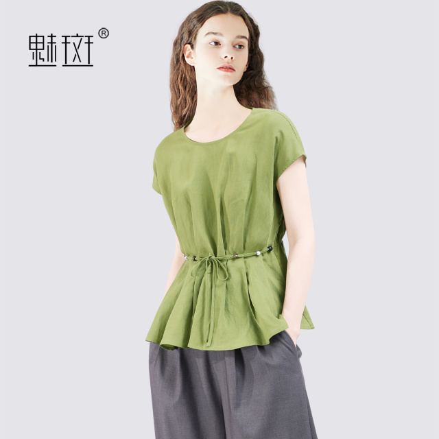 13756216.魅斑串珠圆领天丝亚麻衬衫上衣