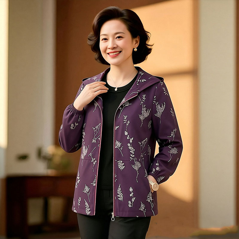 13756454.妈妈装连帽休闲印花时尚风衣外套JIXW405