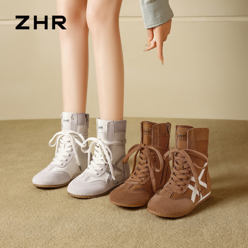 13754853.【ZHR则则】时尚户外靴圆头系带内增高女鞋[头层猪皮+雨伞布+PU]