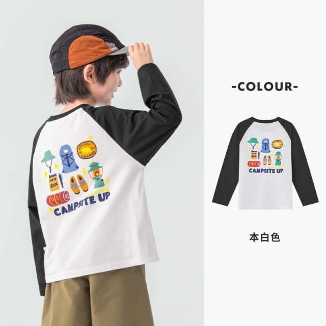 13756295.儿童纯棉T恤春秋款野营卡通插画插肩上衣男童柔和清爽长袖打底衫