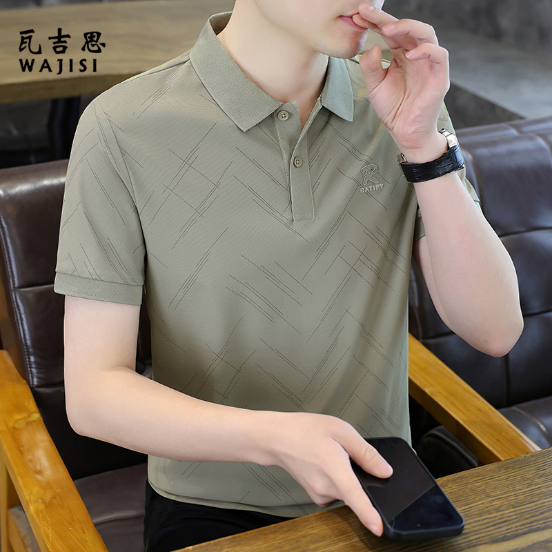 13754416.冰丝提花短袖t恤男士POLO衫翻领潮流半袖上衣夏季高端印花体恤衫