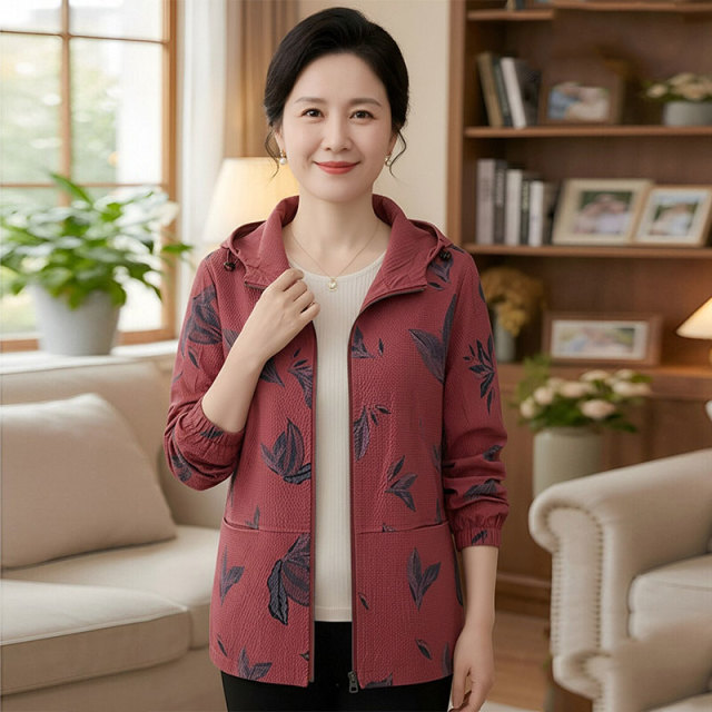 13756465.妈妈装休闲连帽撞色连帽风衣外套J3XW26896