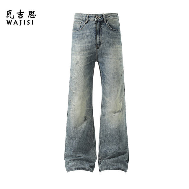 13754468.牛仔裤男春秋新款潮牌美式复古设计感痞帅水洗微喇弯刀裤