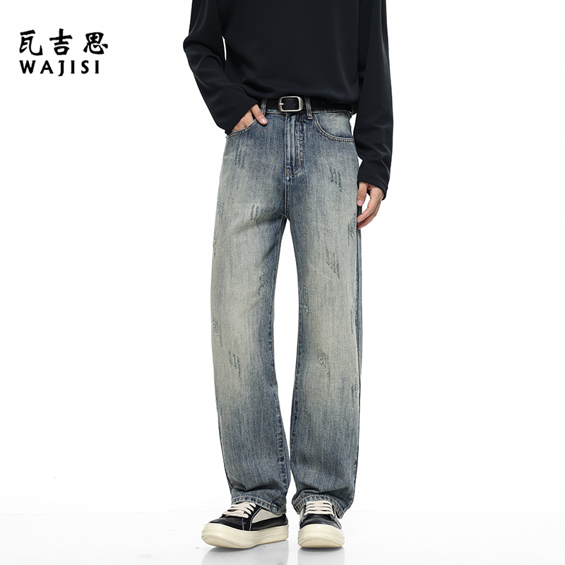 13754445.春秋新款牛仔裤男潮牌美式高街磨白破坏复古直筒微喇叭裤