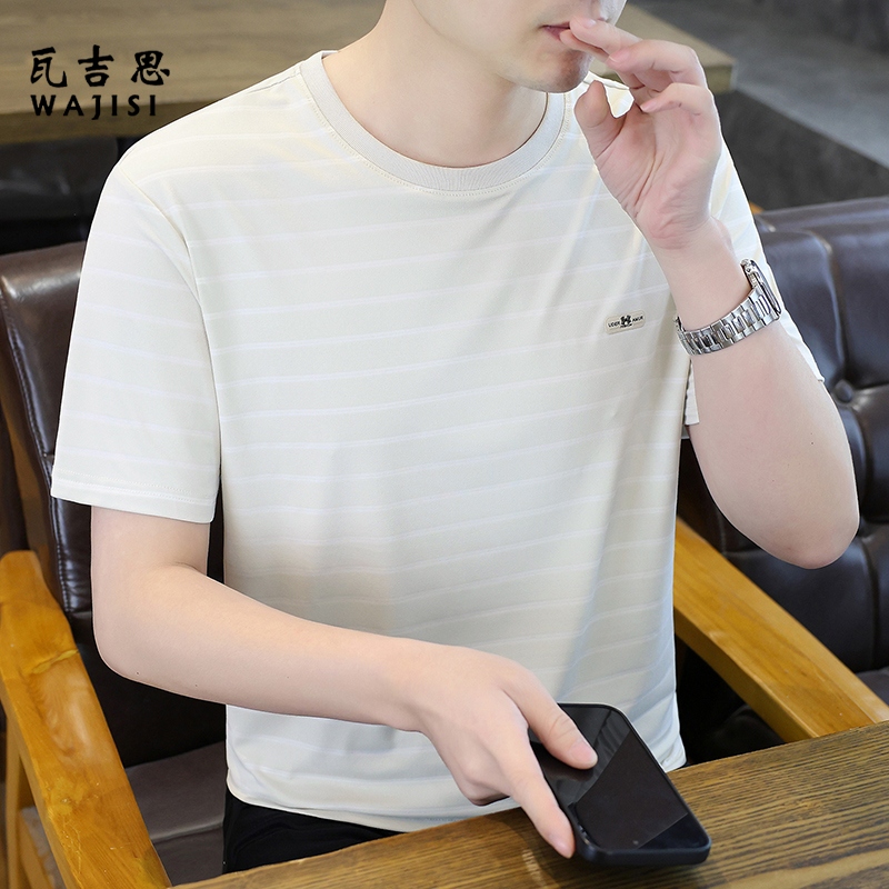 13754424.夏季冰丝条纹t恤男短袖修身透气凉感上衣新款半袖体恤衫休闲百搭