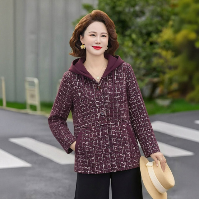 13756461.妈妈装格子休闲连帽时尚呢子外套J3JDY2811