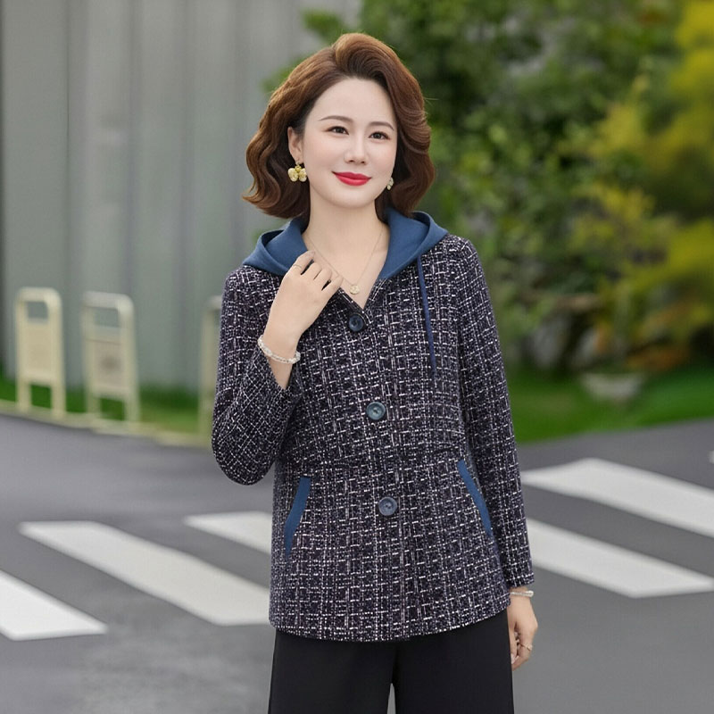 13756461.妈妈装格子休闲连帽时尚呢子外套J3JDY2811
