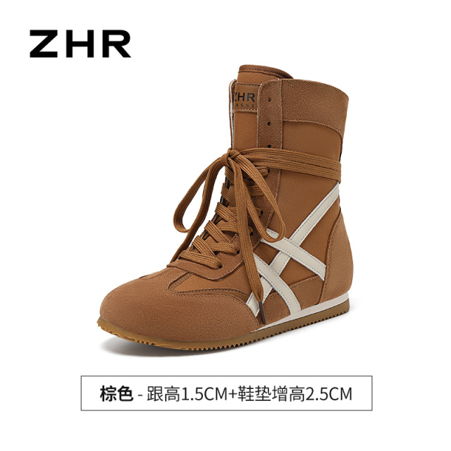 13754853.【ZHR则则】时尚户外靴圆头系带内增高女鞋[头层猪皮+雨伞布+PU]