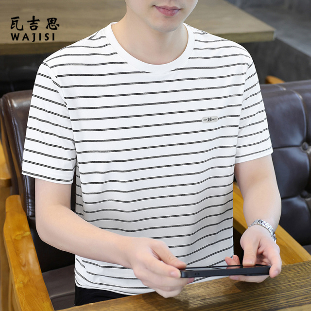 13754424.夏季冰丝条纹t恤男短袖修身透气凉感上衣新款半袖体恤衫休闲百搭