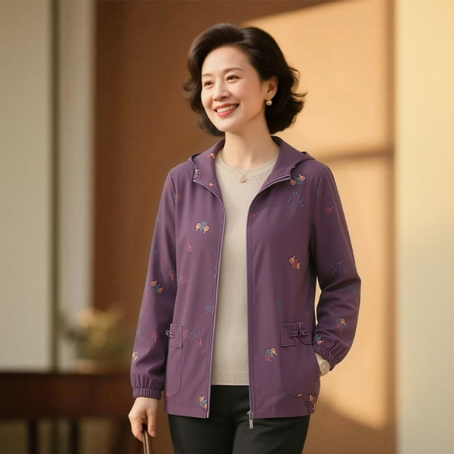 13756491.妈妈装休闲连帽时尚印花连帽外套JIXW32109