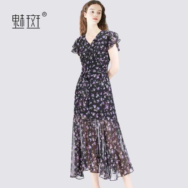 13756119.魅斑短袖连衣裙V领碎花雪纺裙子