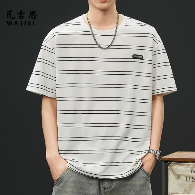 13754508.条纹短袖男夏季时尚新款莱赛尔速干冰丝t恤潮流宽松百搭休闲半袖