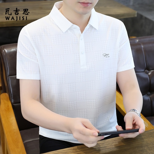 13754396.夏季薄款冰丝男士t恤短袖无痕新款韩版潮流纯色提花翻男款POLO衫