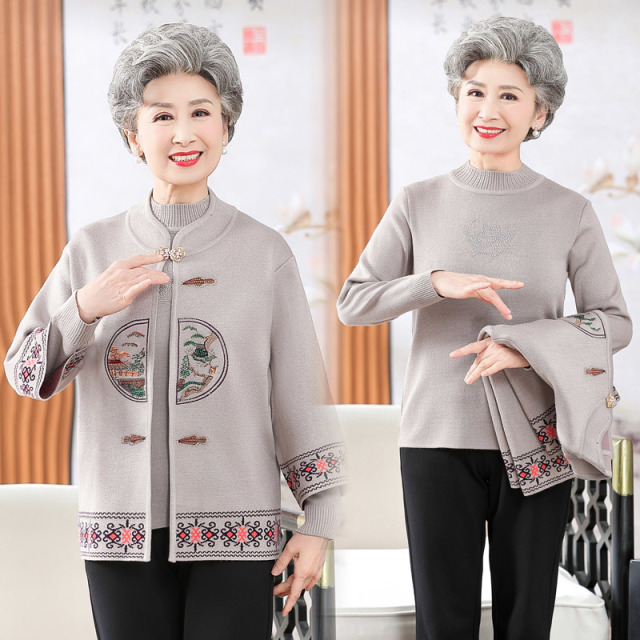 13756487.妈妈装秋季提花针织外套+内搭毛衣两件套装JCY8819