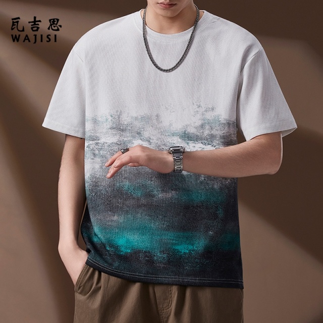 13754415.男士渐变色短袖t恤夏季新款潮牌半袖体恤青年夏装薄款半截袖T恤衫