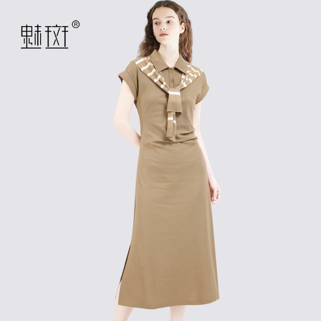 13756117.魅斑条纹针织Polo领连衣裙卡其色短袖衬衫裙