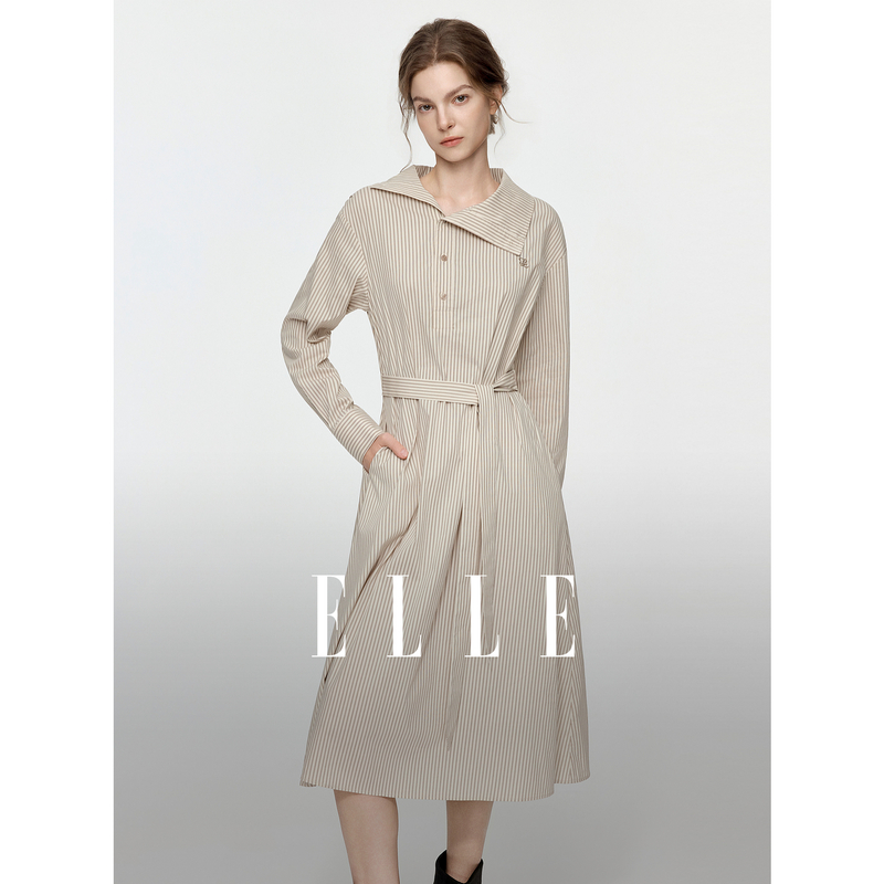 13754882.ELLE条纹不对称收腰连衣裙法式优雅风衬衫式长裙