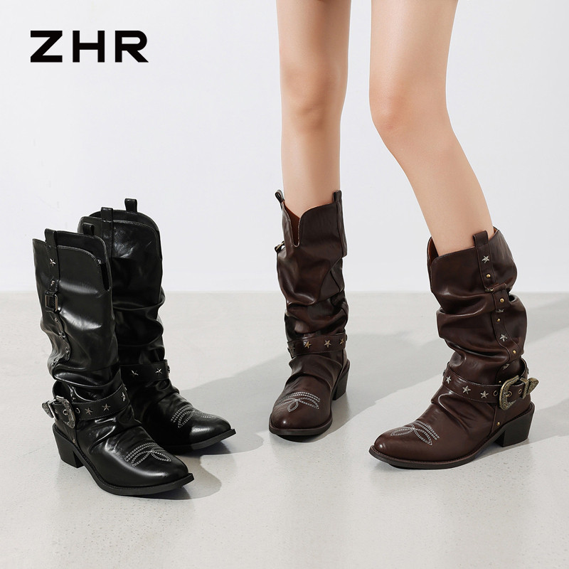 13754877.【ZHR则则】西部靴圆头套脚厚底女鞋[PU]