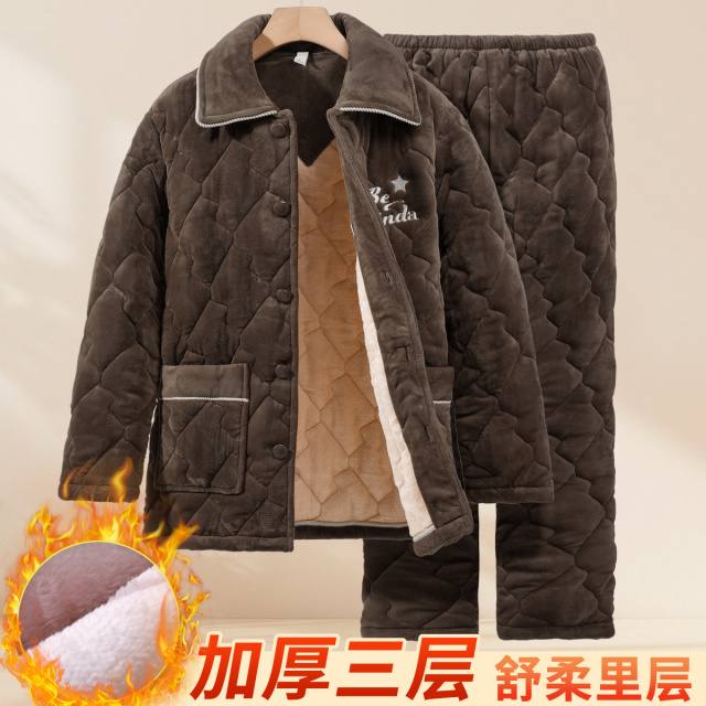 13755993.捡漏【夹棉加绒加厚】男士家居服套装开衫翻领保暖舒适居家外出