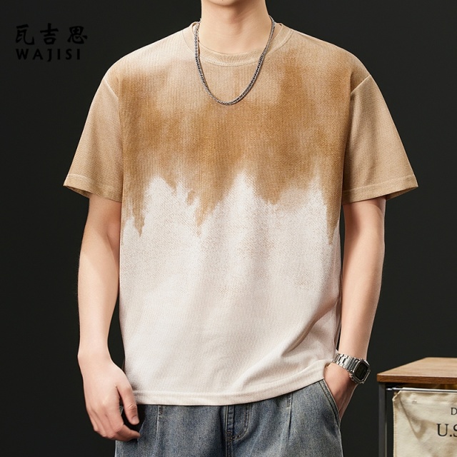 13754412.男士圆领短袖T恤夏季潮流新款渐变扎染宽松百搭半袖休闲上衣潮牌