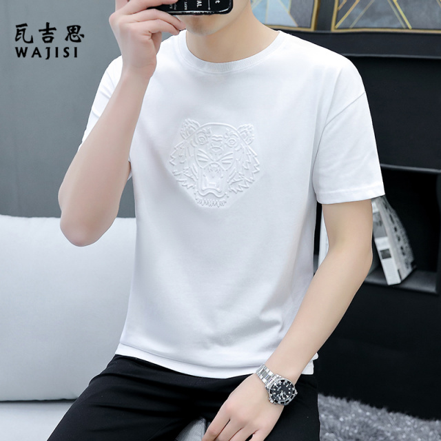 13754479.男士短袖T恤夏季新款圆领立体印花潮流半袖打底衫青年休闲上衣