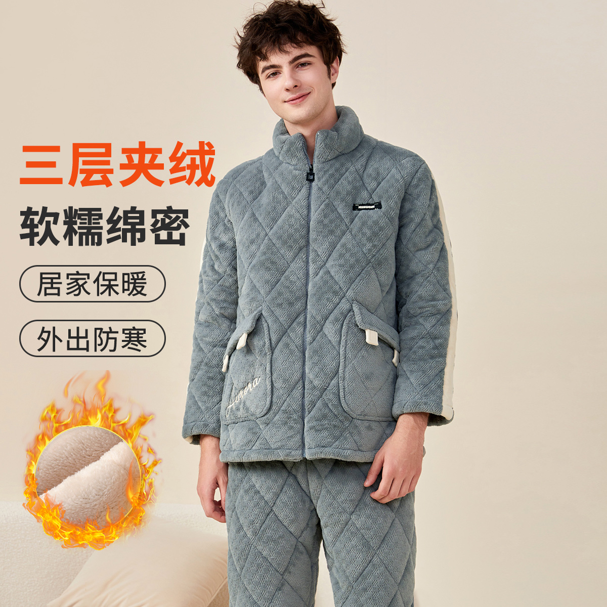13756004.【三层夹绒软榻绵密】男士家居服套装加厚御寒舒柔绒里宽松立领