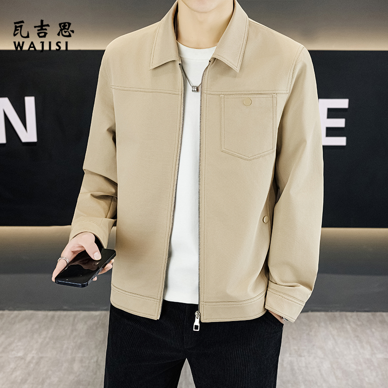 13754379.轻奢翻领夹克男时尚春季新款休闲百搭拉链外套春秋男装潮流上衣男