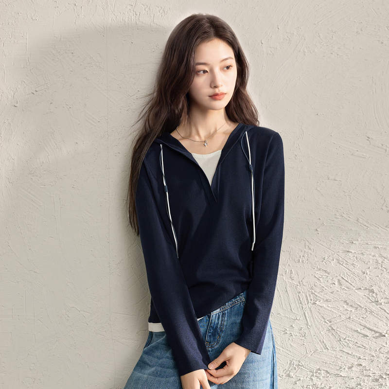 13756936.【莱赛尔】三彩若潮大码女装2026秋季新款连帽假两件针织衫微胖MM