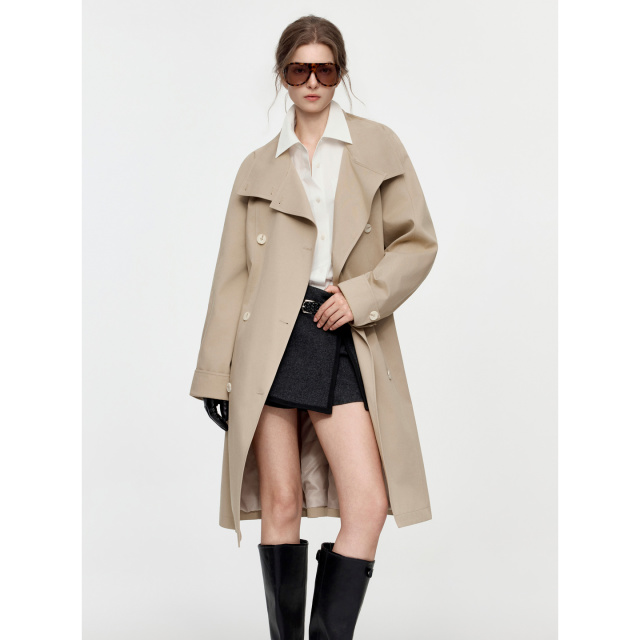 13754879.ELLE纯棉双排扣立领女式风衣都市休闲风中长款外套