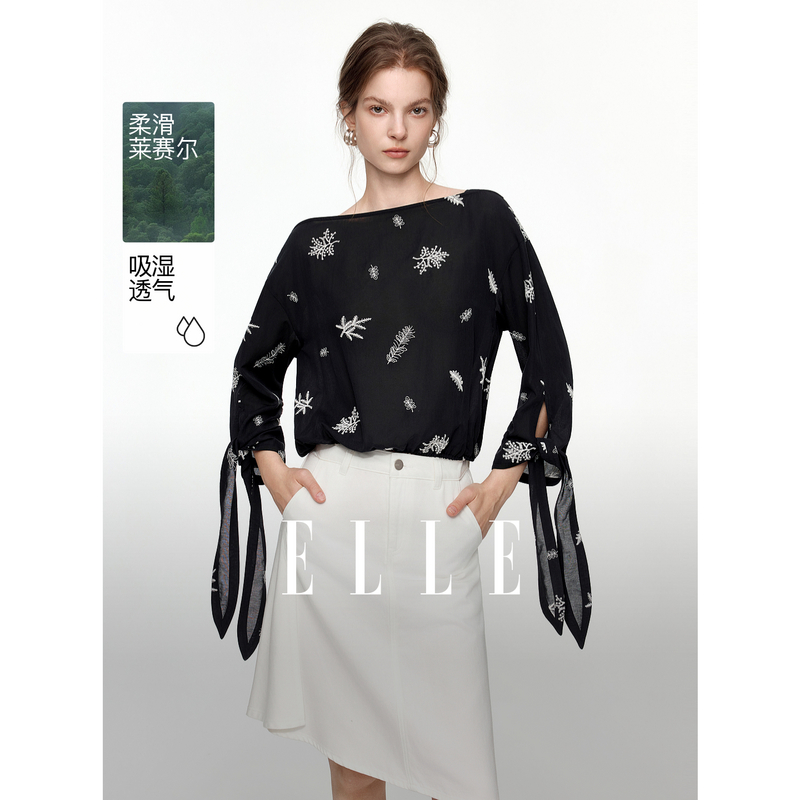 13754932.ELLE复古刺绣一字领女式衬衫法式优雅风天丝衬衣