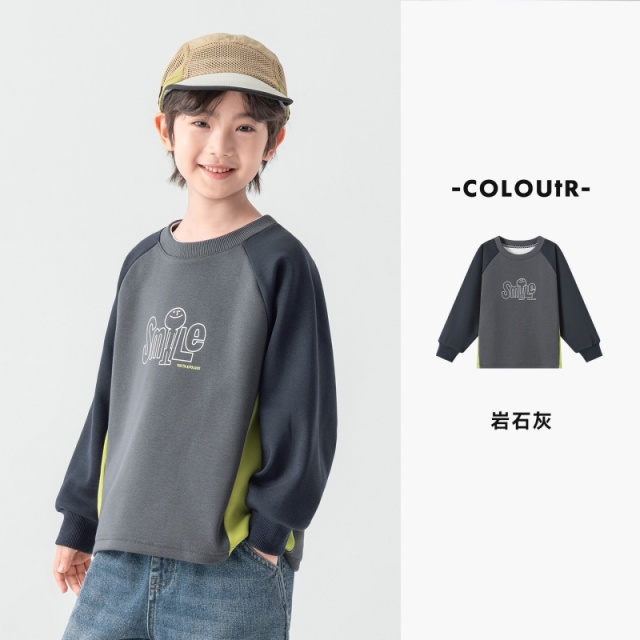 13756581.男童薄绒卫衣春秋款撞色笑脸插肩袖慵懒上衣儿童宽松休闲百搭上衣
