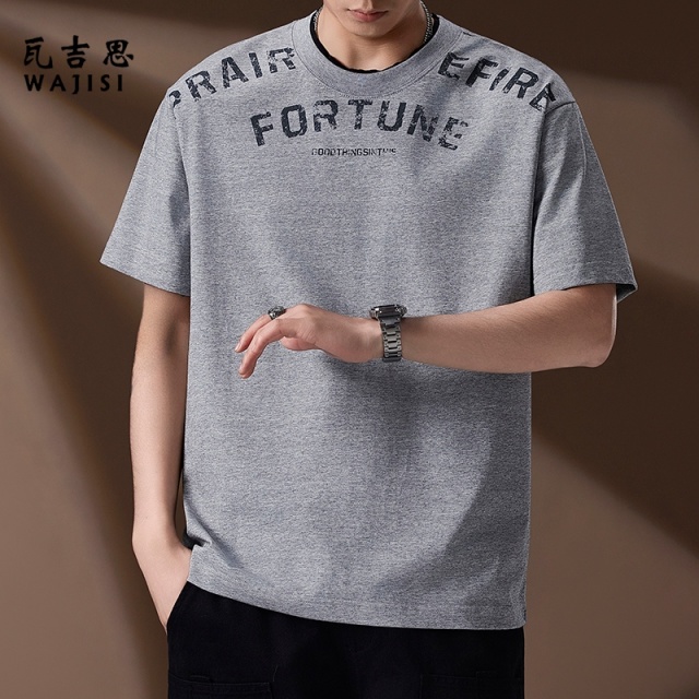 13754409.双面穿复古做旧短袖T恤男夏季水洗字母圆领体恤男高级感半袖上衣