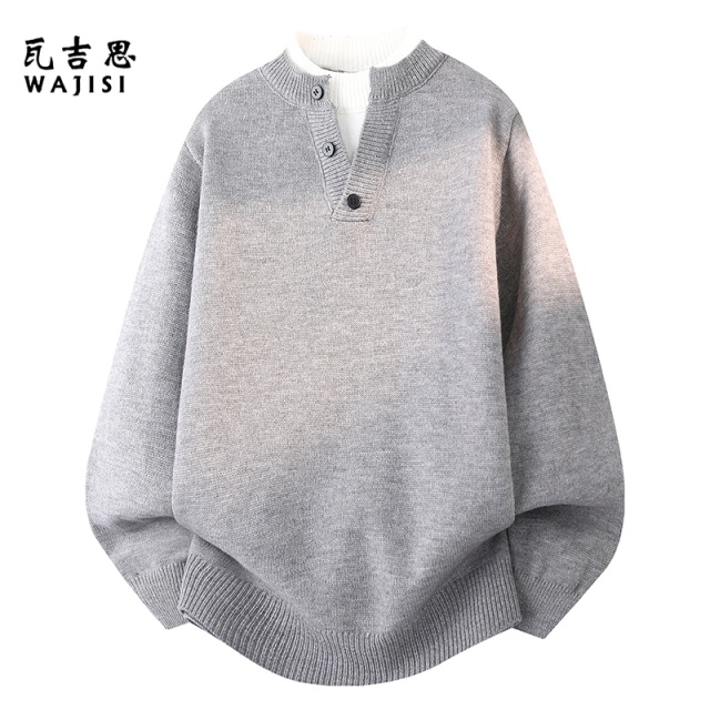 13754435.假两件圆领针织衫男士宽松休闲日系简约毛线衣高级感秋冬季男毛衣