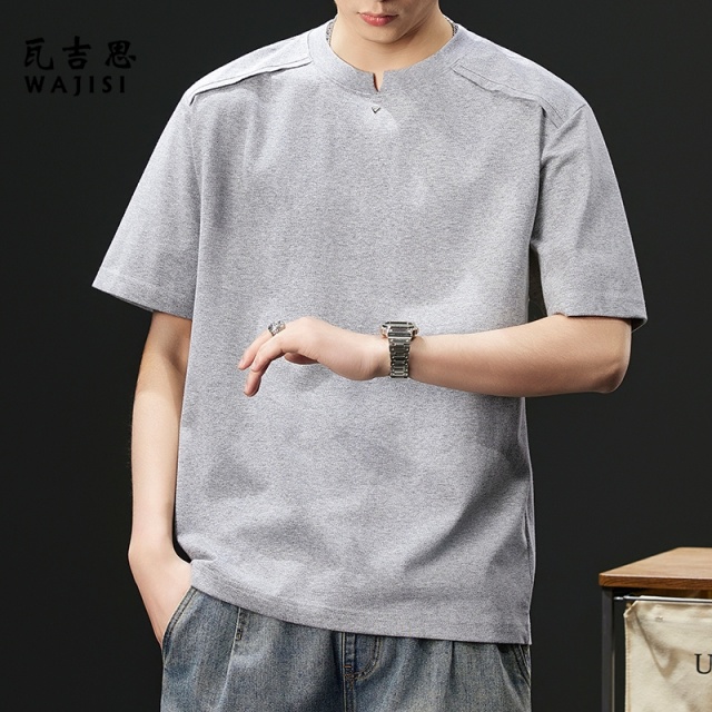 13754425.剪刀口v领短袖T恤男士夏季彩棉冰丝凉感半袖上衣男装简约百搭体恤