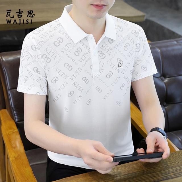 13754417.POLO衫男士翻领短袖夏季新款冰丝t恤男无痕印花体恤休闲半袖上衣