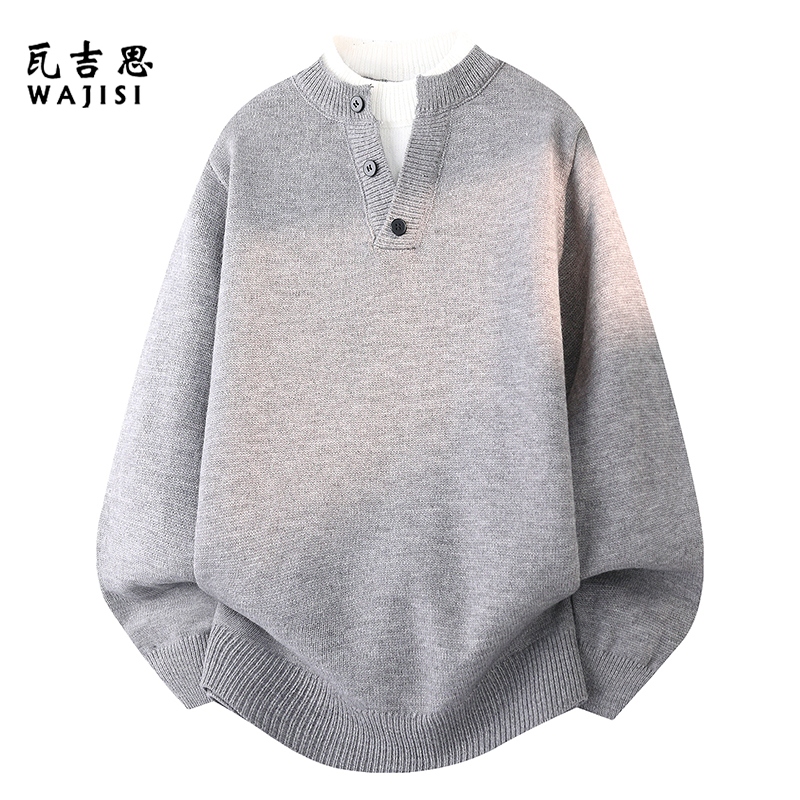 13754435.假两件圆领针织衫男士宽松休闲日系简约毛线衣高级感秋冬季男毛衣