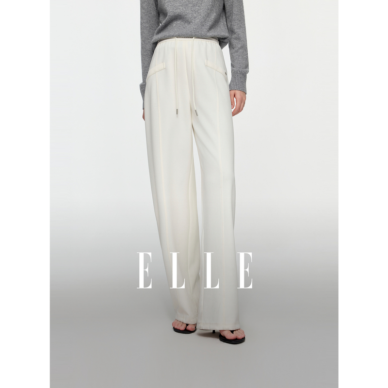 13754930.ELLE高腰直筒抽绳女式休闲裤都市休闲风阔腿长裤