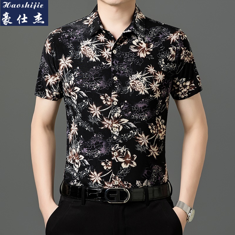 13754532.《痞帅个性潮流舒适休闲》夏季爆款翻领短袖花衬衫男商务透气