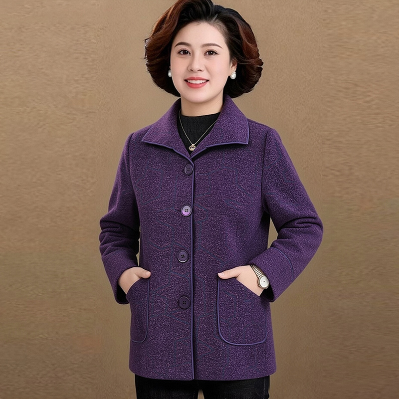 13756441.妈妈装翻领拼色毛呢外套