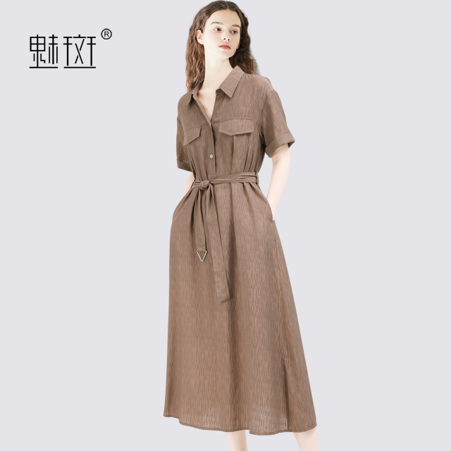 13756115.魅斑收腰系带咖色连衣裙polo领裙子