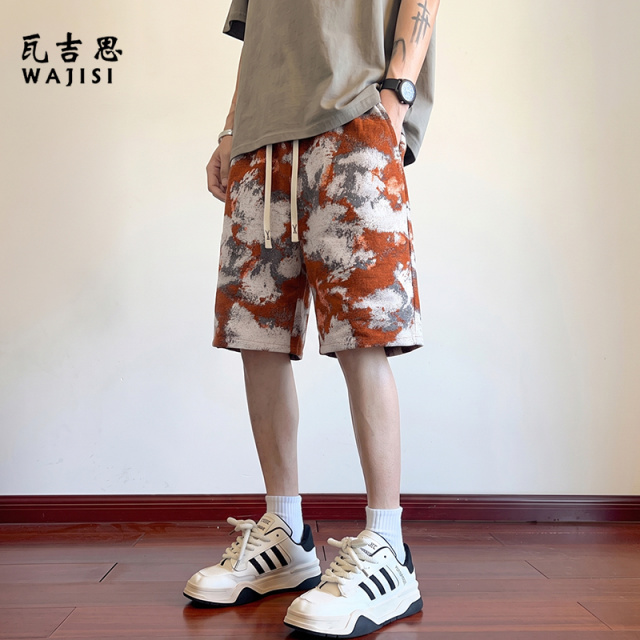 13754530.水墨扎染夏季速干休闲油画风短裤男士宽松五分薄款透气直筒沙滩裤潮