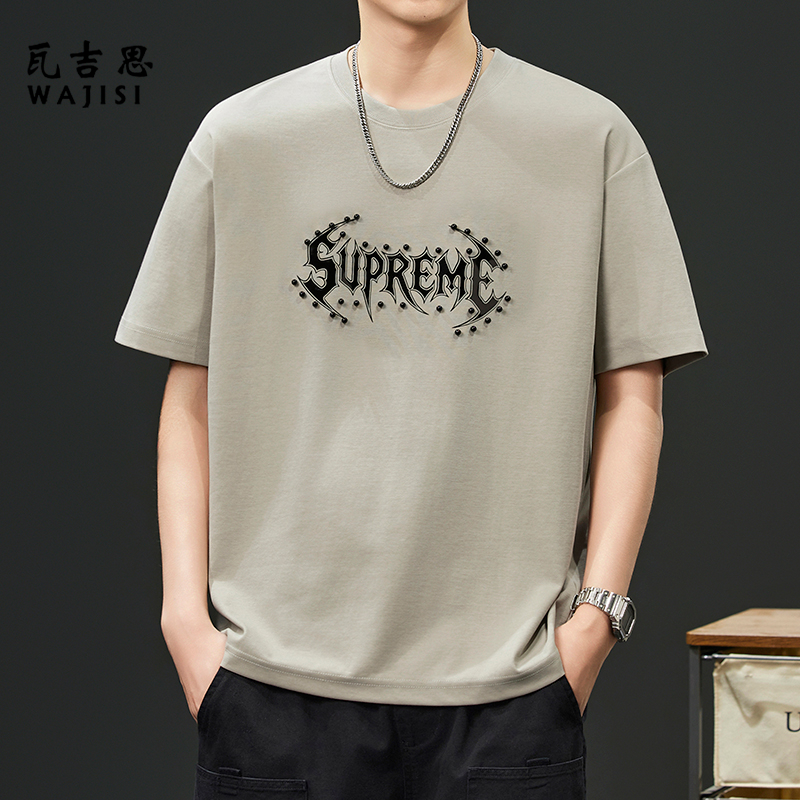 13754383.夏季潮流钉珠印花t恤男士短袖个性帅气半袖体恤男款百搭流行上衣