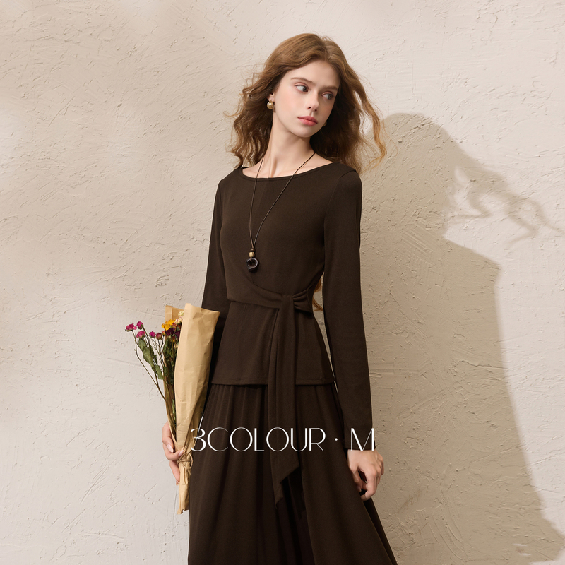 13756620.三彩2026秋季新款T恤半身裙套装长袖一字领上衣长裙两件套M