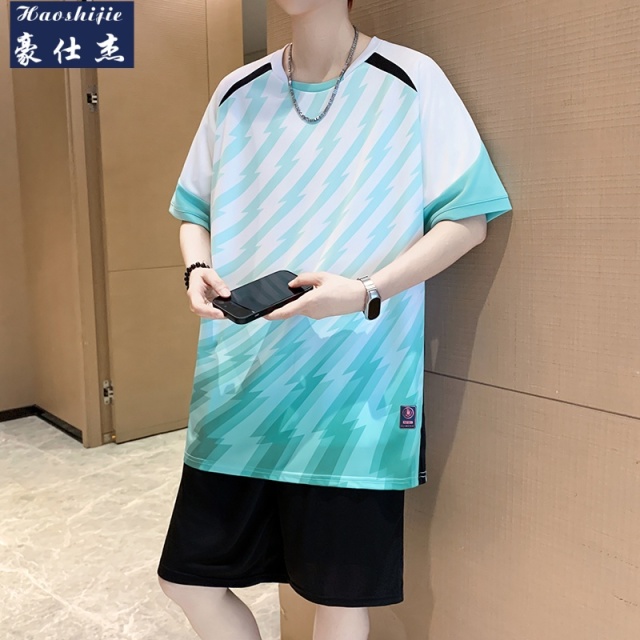 13756985.休闲运动套装夏季新款短袖篮球服套装数码印花
