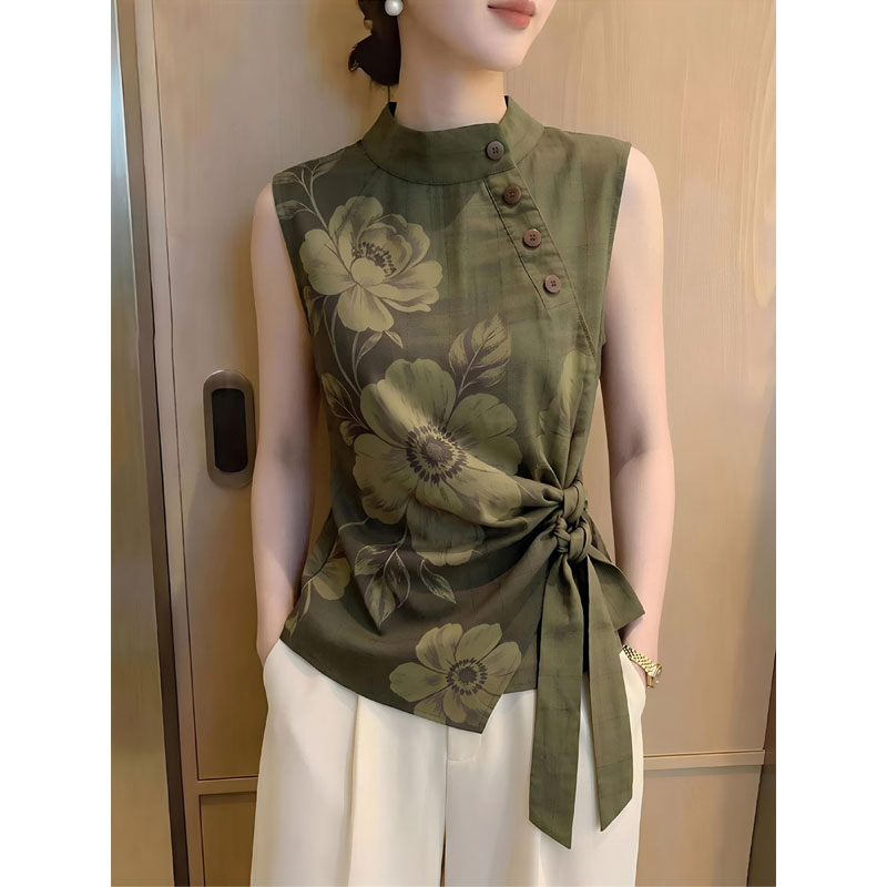 13758128.丹芙娅夏季新品法式无袖立领上衣女绿色系带设计感衬衫