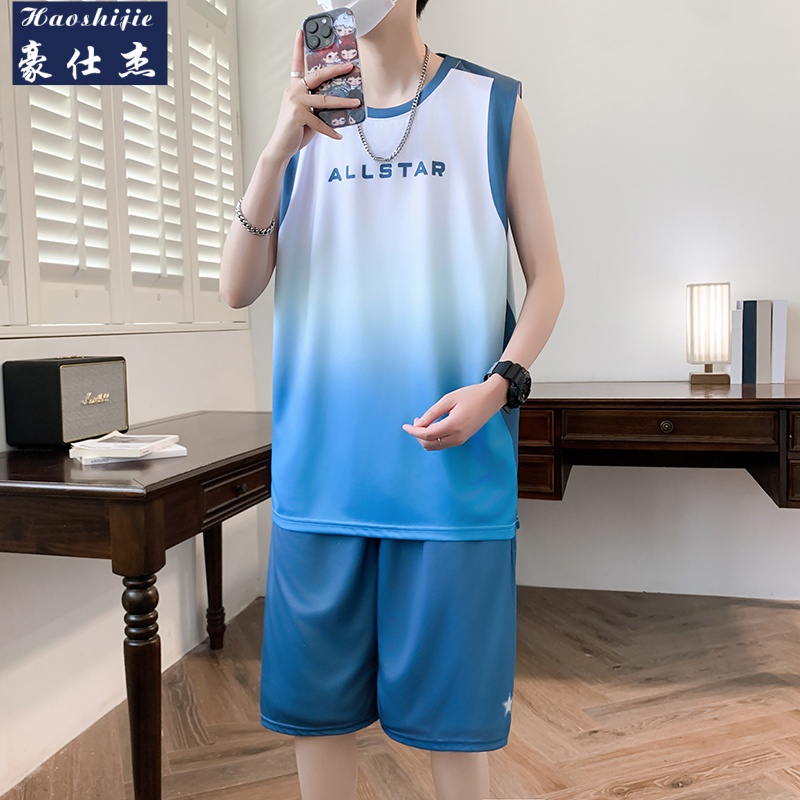 13756986.速干休闲凉感篮球服背心套装男男式简约白搭运动套装
