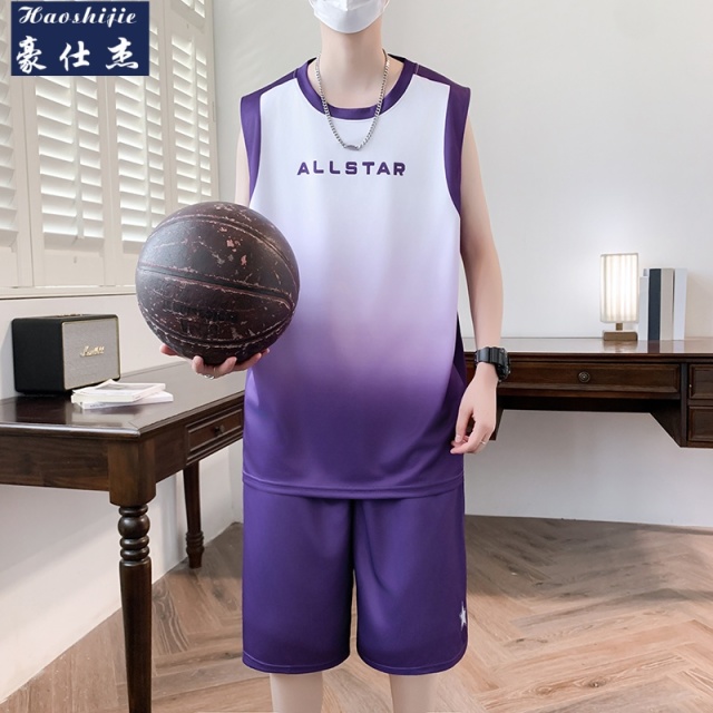 13756986.速干休闲凉感篮球服背心套装男男式简约白搭运动套装