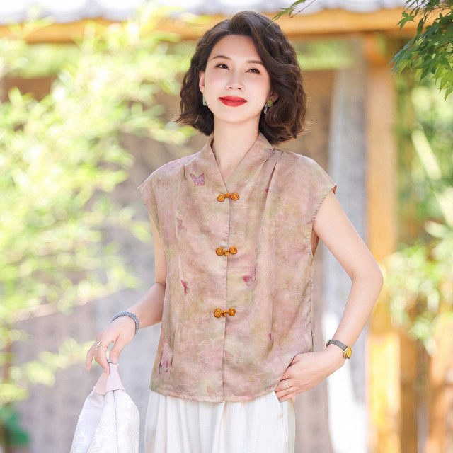 13786394.中老年妈妈夏季薄款衬衫时尚无袖立领上衣中年女士气质夏装