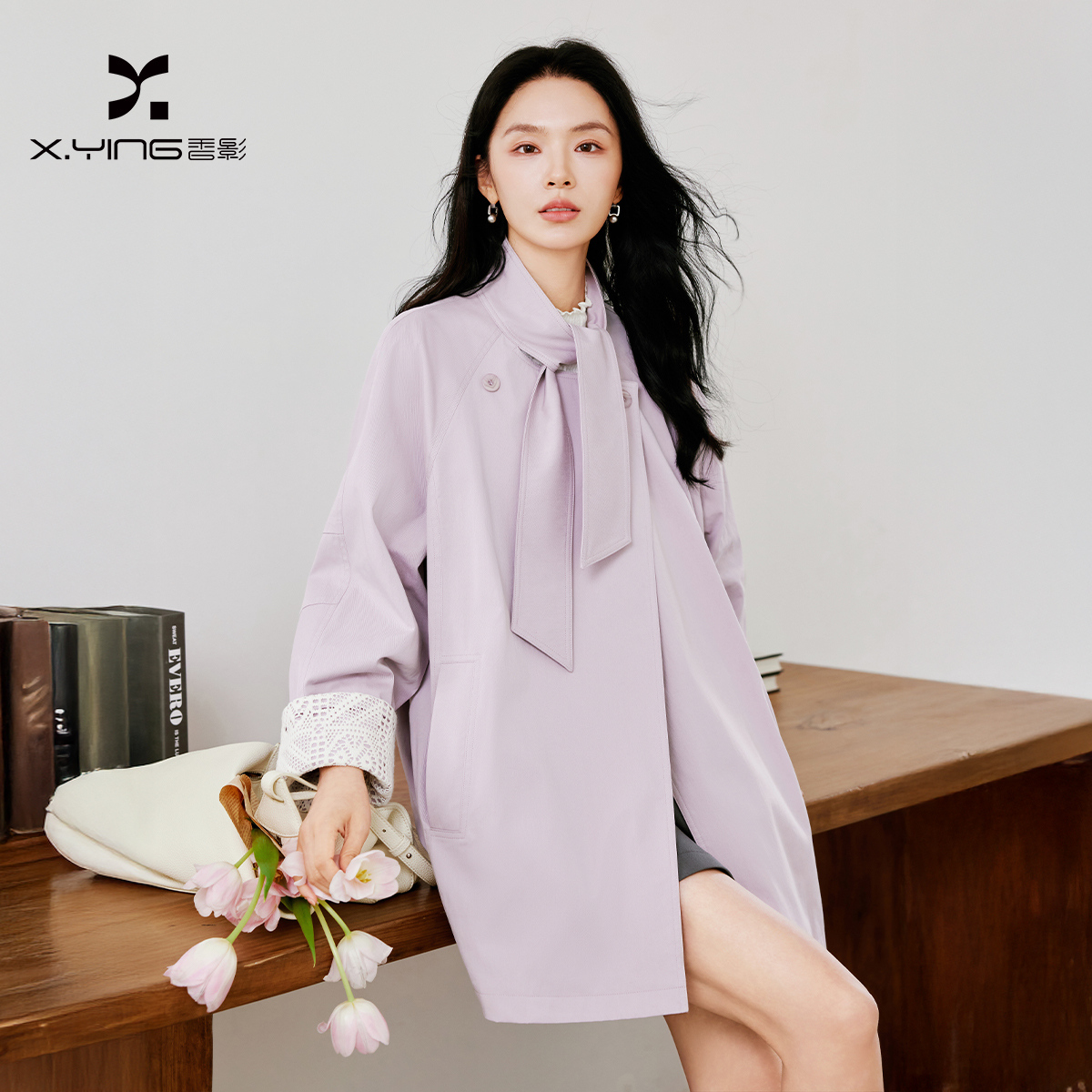 13770225.香影香芋紫甜美减龄风衣女2026秋季新款小个子中长款通勤廓形外套